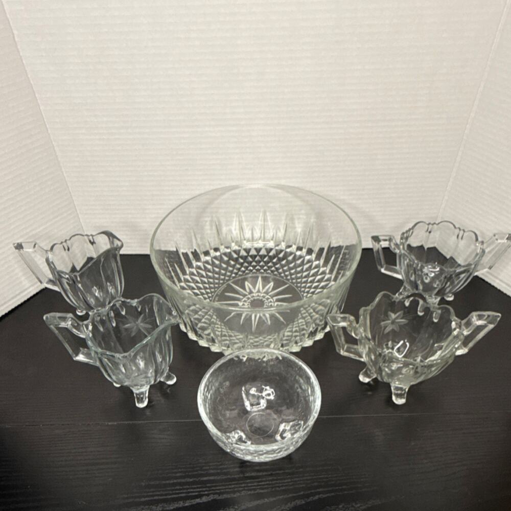 Clear Glass Bowl, Salsa Bowl, Creamer & Sugar Glasses Star Pattern 6 Pieces